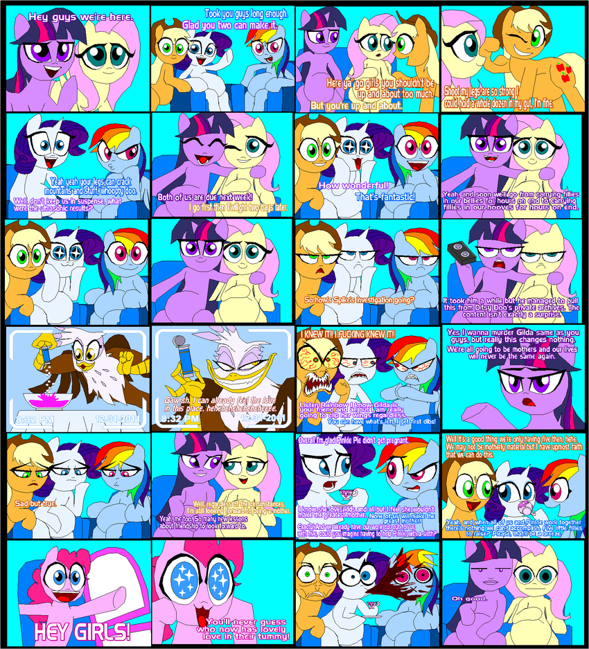 angry applejack_(mlp) avian beak blonde_hair blue_eyes blue_fur cowboy_hat cutie_mark drink equine eyes female feral friendship_is_magic fur gilda_(mlp) green_eyes group hair hat horn horse inside mammal multi-colored_hair my_little_pony orange_fur pegasus pink_fur pink_hair pinkie_pie_(mlp) pony purple_fur purple_hair rainbow_dash_(mlp) rainbow_hair rarity_(mlp) smile sofa teeth text twilight_sparkle_(mlp) tyrranux unicorn white_fur wings yellow_eyes