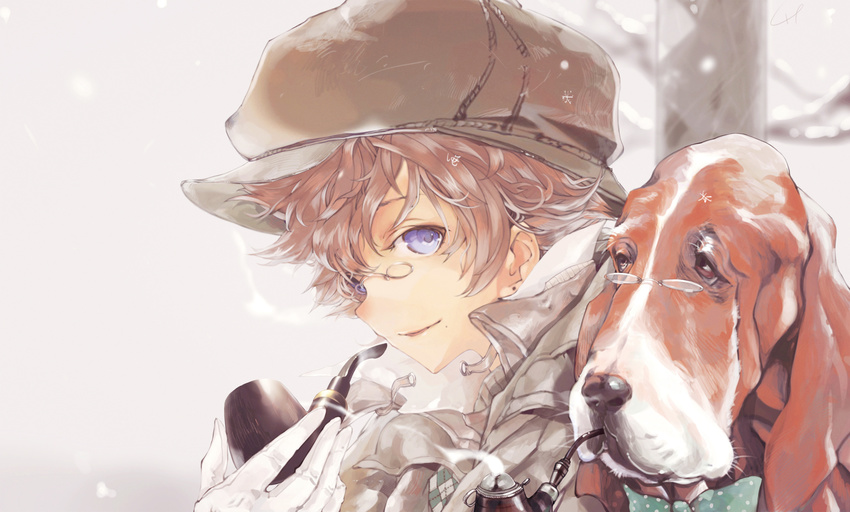 :d animal basset_hound blue_eyes brown_hair cabbie_hat detective dog from_side glasses hat highres holding holding_pipe hpknight lavender_eyes mole mole_on_ear necktie open_mouth original pipe smile smoking upper_body