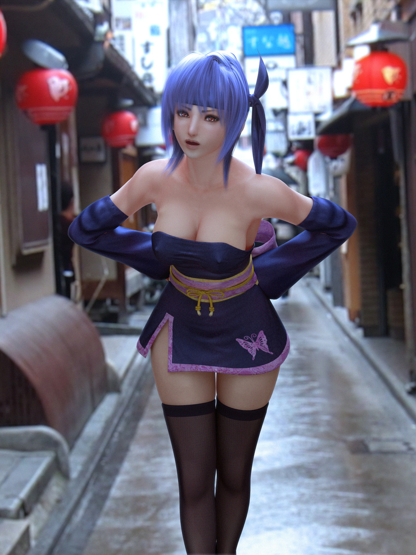 1girl 3d ayane ayane_(doa) breasts butterfly cleavage covered_nipples dead_or_alive detached_sleeves dress erect_nipples female headband highres incise_soul lips looking_at_viewer m-rs open_mouth purple_hair red_eyes short_dress short_hair side_slit strapless strapless_dress tecmo thighhighs