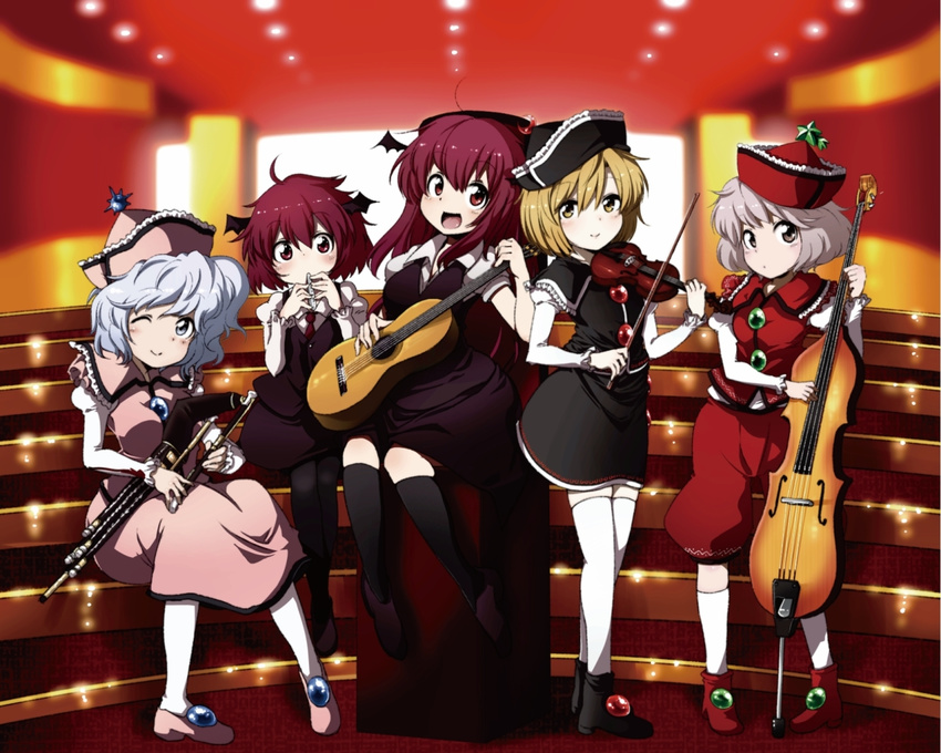 bat_wings blonde_hair brown_hair commentary_request crescent dual_persona falling_star flute grey_eyes guitar harusame_(unmei_no_ikasumi) hat head_wings instrument juliet_sleeves koakuma long_hair long_sleeves lunasa_prismriver lyrica_prismriver merlin_prismriver multiple_girls one_eye_closed pantyhose puffy_sleeves red_eyes red_hair short_hair silver_hair smile thighhighs touhou trumpet uilleann_pipes violin white_legwear wings yellow_eyes