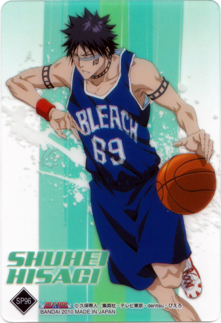 1boy armpits ball basketball bleach eyes_closed highres hisagi_shuuhei jersey male male_focus official_art shoes shorts shuhei_hisagi sneakers tattoo wristband