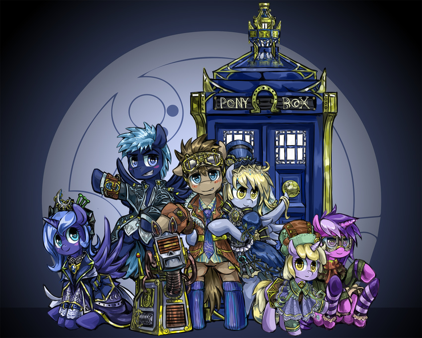 amber_eyes amethyst_star_(mlp) blonde_hair blue_eyes blue_hair blush brown_hair canine clothed clothing coat crossover crown cute cutie_mark derpy_hooves_(mlp) dinky_hooves_(mlp) doctor_whooves_(mlp) dog dress equine eyewear female feral friendship_is_magic fur grey_fur group hair hat horn horse k9 long_hair male mammal my_little_pony necktie open_mouth pegasus pony pose princess princess_luna_(mlp) purple_hair robot_dog royalty saturnspace sitting smile socks standing tardis teeth top_hat two_tone_hair unicorn winged_unicorn wings yellow_eyes