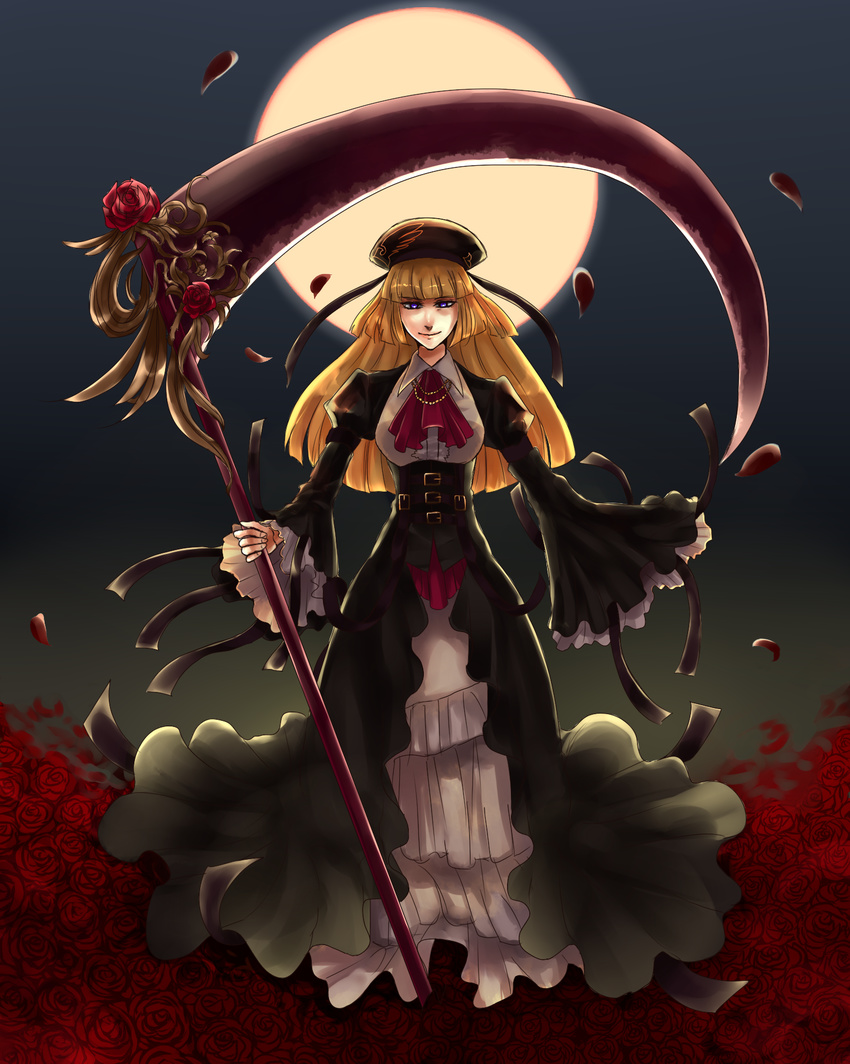 bad_id bad_pixiv_id banned_artist blonde_hair flower hat highres hime_cut holding holding_scythe long_hair melting_scarlet moon purple_eyes rosa_beatrice rose scythe solo umineko_no_naku_koro_ni ushiromiya_rosa