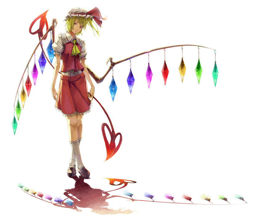 blonde_hair crossed_legs flandre_scarlet full_body hat laevatein one_side_up reflection shadow short_hair skirt socks solo sousou_(sousouworks) standing touhou wings