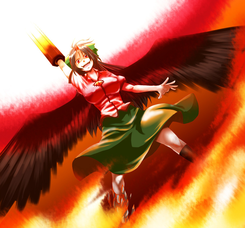 arm_up black_wings bow hair_bow highres long_hair looking_at_viewer madara_hato open_mouth red_eyes reiuji_utsuho smile solo touhou wings