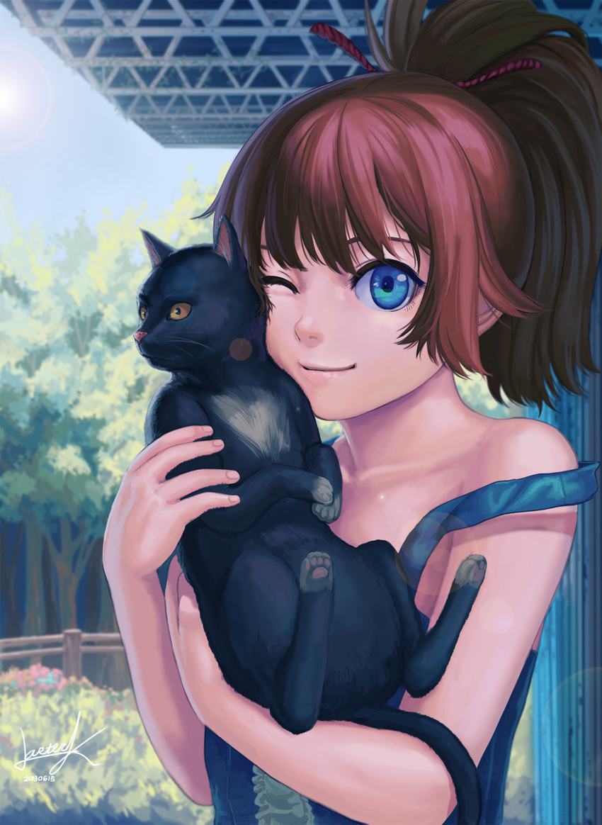 animal blue_eyes brown_hair cat day dress forest hair_ribbon highres holding holding_animal lasterk long_hair nature one_eye_closed original ponytail ribbon sky smile solo strap_slip tree