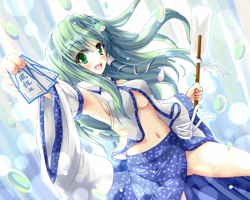 armpits blush breasts detached_sleeves frog geta green_hair hair_ornament highres hiiragi_tomoka kochiya_sanae long_hair looking_at_viewer medium_breasts navel open_clothes open_mouth open_shirt outstretched_arm outstretched_hand shirt sideboob skirt smile snake_hair_ornament solo spell_card touhou