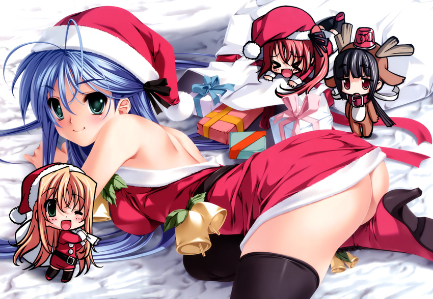 &gt;_&lt; :d absurdres animal_costume antenna_hair aqua_eyes aqua_hair ass axl bell black_hair blue_hair boots chibi christmas est_fragrance eyes_closed fang gift hat highres kashimashi_communication kishino_jun kuroki_madoka looking_back mutsu_haruna no_panties open_mouth red_hair reindeer_costume santa_costume santa_hat senomoto_hisashi smile thighhighs wink