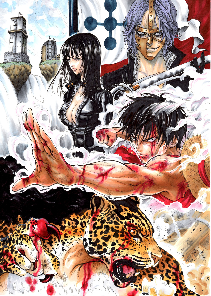 3boys absurdres battle black_hair blood breasts claws cleavage cp9 enies_lobby flag funkfreed gloves hat highres large_breasts long_hair monkey_d_luffy multiple_boys nico_robin one_piece purple_hair rob_lucci scar smoke spandam straw_hat sword takumi_(marlboro) water waterfall weapon