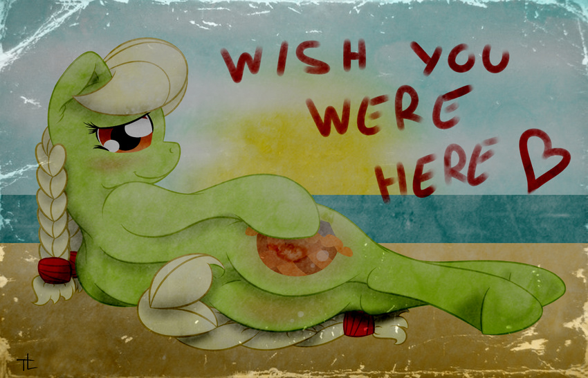 amber_eyes beach blonde_hair blush cutie_mark english_text equine female feral friendship_is_magic fur granny_smith_(mlp) green_fur hair horse looking_at_viewer looking_back lying mammal my_little_pony on_side pony seaside solo text thexiiilightning younger