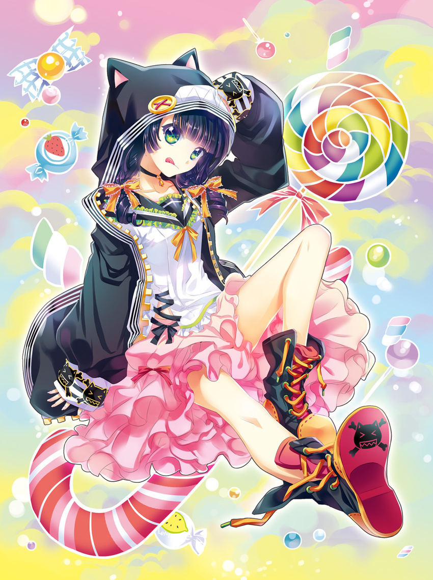 :p animal_ears bow candy candy_cane choker cu-rim food green_eyes highres hood hoodie lollipop original shoes skirt tongue tongue_out