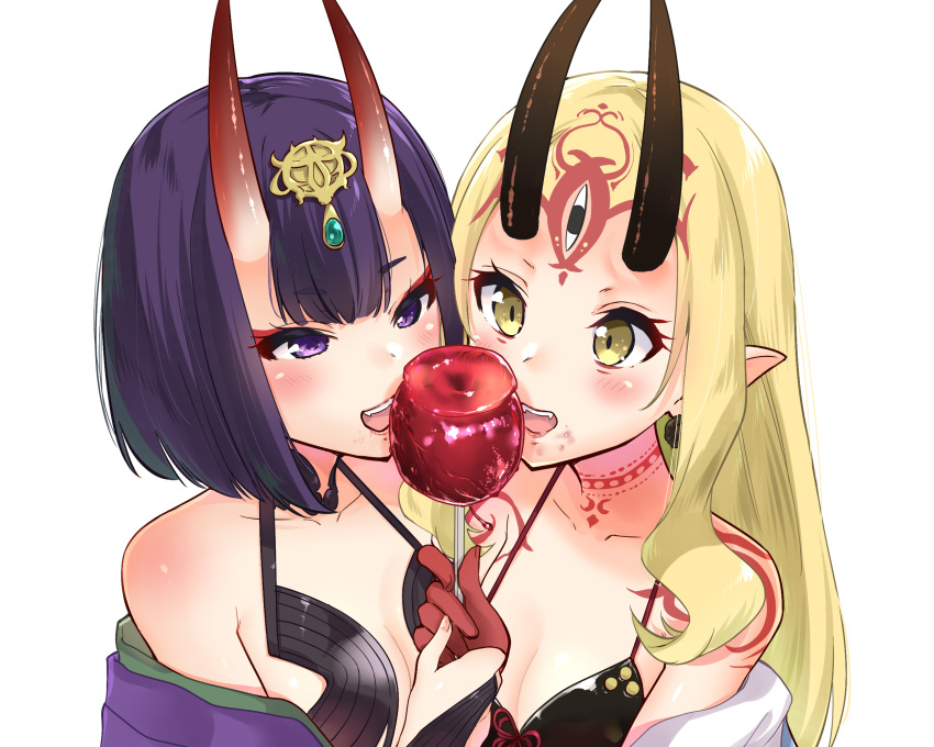 2girls apple bob_cut breasts commentary_request eyebrows_visible_through_hair eyeliner eyeshadow facial_mark fang_out fate/grand_order fate_(series) fingernails food forehead_mark fruit headpiece highres horns ibaraki_douji_(fate/grand_order) japanese_clothes kimono makeup multiple_girls oni oni_horns open_mouth pointy_ears purple_eyes purple_hair purple_kimono revealing_clothes sarfata sharp_fingernails short_eyebrows short_hair shuten_douji_(fate/grand_order) small_breasts tattoo upper_body yellow_eyes yellow_kimono