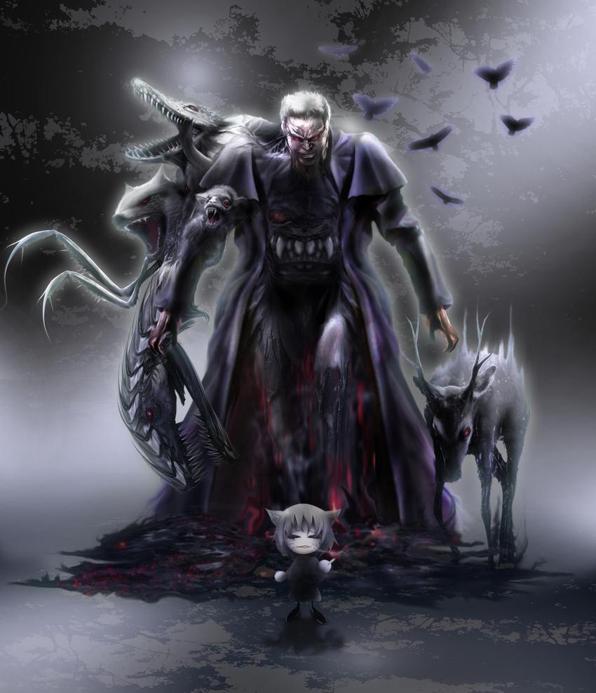antlers bird blonde_hair capelet cigarette clenched_teeth coat crow extra_mouth fangs fe_(12141978) full_body glowing highres holding kara_no_kyoukai long_coat long_sleeves looking_at_viewer male_focus melty_blood monster nekoarc_chaos nrvnqsr_chaos open_clothes open_coat purple_coat red_eyes sharp_teeth smoke teeth tsukihime walking