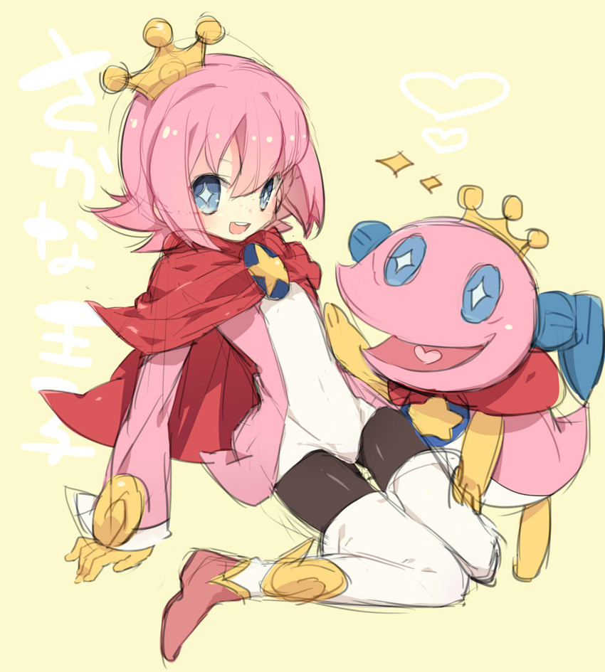 1boy black_legwear blue_eyes boots cape character_name crown dual_persona fish full_body gloves highres jacket kneeling nakamura_sandayo ocean_prince pantyhose pentacle pink_hair puyopuyo puyopuyo_fever red_cape salde_canarl_shellbrick_iii sitting sketch smile thigh_boots thighhighs wariza yellow_background