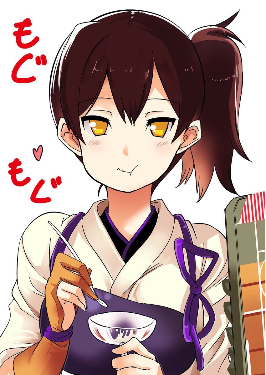 :t absurdres archery armor blush brown_eyes brown_hair eating glass gloves heart highres kaga_(kantai_collection) kantai_collection kyuudou looking_at_viewer muneate oda_masaru parfait partly_fingerless_gloves side_ponytail single_glove smile solo spoon translated yugake