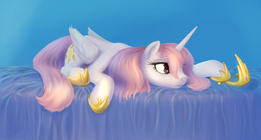 bed blue_background brown_eyes crown cutie_mark equine female feral friendship_is_magic hair hi_res horn horse jewelry lying mammal my_little_pony on_front pink_hair plain_background pony princess princess_celestia_(mlp) royalty shoes sokolas solo winged_unicorn wings