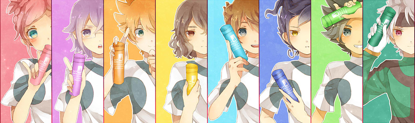 6+boys blush deodorant earth_eleven glasses goalkeeper headband highres ibuki_munemasa inazuma_eleven_(series) inazuma_eleven_go inazuma_eleven_go_galaxy manabe_jin'ichirou matatagi_hayato matsukaze_tenma minaho_kazuto multiple_boys nozaki_sakura open_mouth poison916 shindou_takuto smile soccer_uniform sportswear tsurugi_kyousuke upper_body