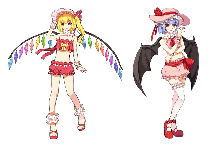 alternate_costume ankle_cuffs bat_wings blonde_hair bloomers blue_hair choker crop_top flandre_scarlet full_body greetload hat hat_ribbon highres midriff multiple_girls red_eyes red_footwear remilia_scarlet ribbon ribbon_choker shoes short_shorts shorts siblings side_ponytail sisters smile touhou underwear wings wrist_cuffs