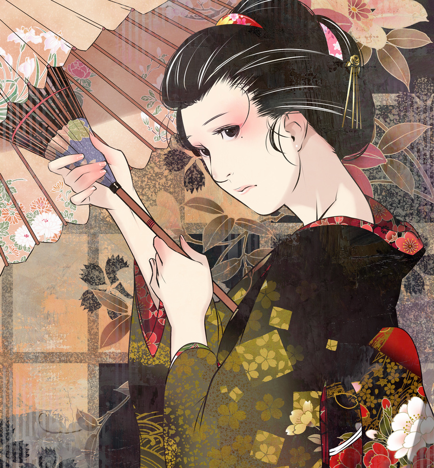 black_hair eyeshadow flower geisha highres japanese_clothes lipstick makeup mole mole_under_eye oriental_umbrella original parasol solo umbrella upper_body xr650r
