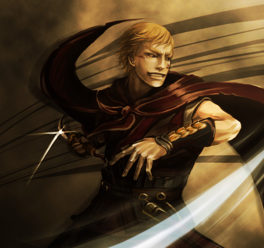 blade blonde_hair blood cape highres male_focus rarou solo stranger_mukou_hadan yon