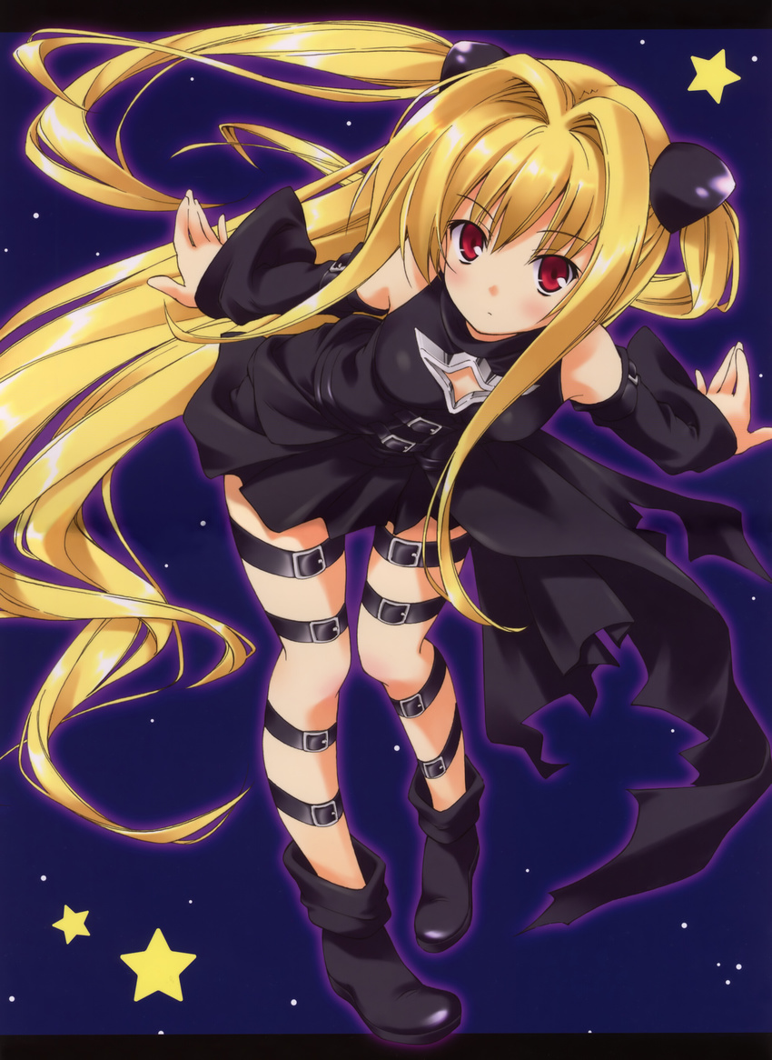 absurdres blonde_hair blush boots detached_sleeves highres konjiki_no_yami leaning_forward long_hair night red_eyes solo star strap thigh_strap to_love-ru two_side_up umino_tomo very_long_hair
