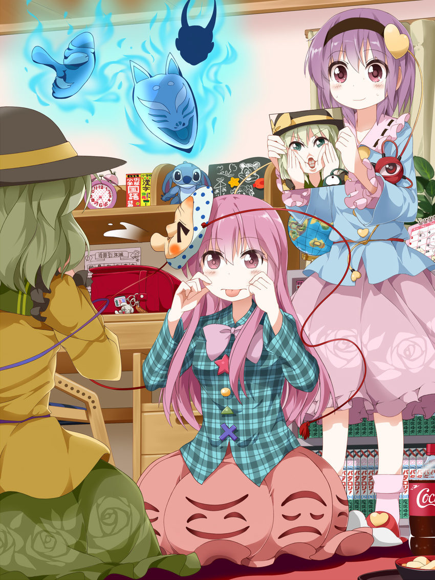 alarm_clock aqua_eyes bag bottle bow bubble_skirt calendar_(object) chair clock coca-cola desk disney fox_mask globe green_hair hairband hat hat_bow hata_no_kokoro heart highres komeiji_koishi komeiji_satori lilo_&amp;_stitch long_hair long_sleeves manga_(object) mask mickey_mouse mirror multiple_girls niramekko oni_mask photo_(object) pink_eyes pink_hair plaid plaid_shirt plant red_eyes reflection ruu_(tksymkw) shirt short_hair skirt smile staring stitch_(lilo_&amp;_stitch) tears tengu_mask third_eye tongue touhou tray wide_sleeves