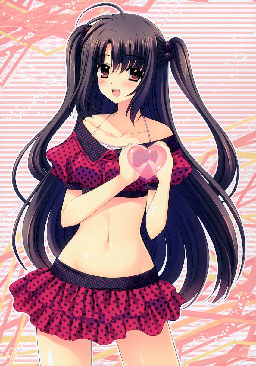 :d absurdres blush brown_eyes brown_hair cowboy_shot crop_top heart heart_hands highres layered_skirt long_hair looking_at_viewer midriff miniskirt navel nishimata_aoi off_shoulder open_mouth oretachi_ni_tsubasa_wa_nai polka_dot scan shiny shiny_skin skirt smile standing twintails two_side_up watarai_asuka