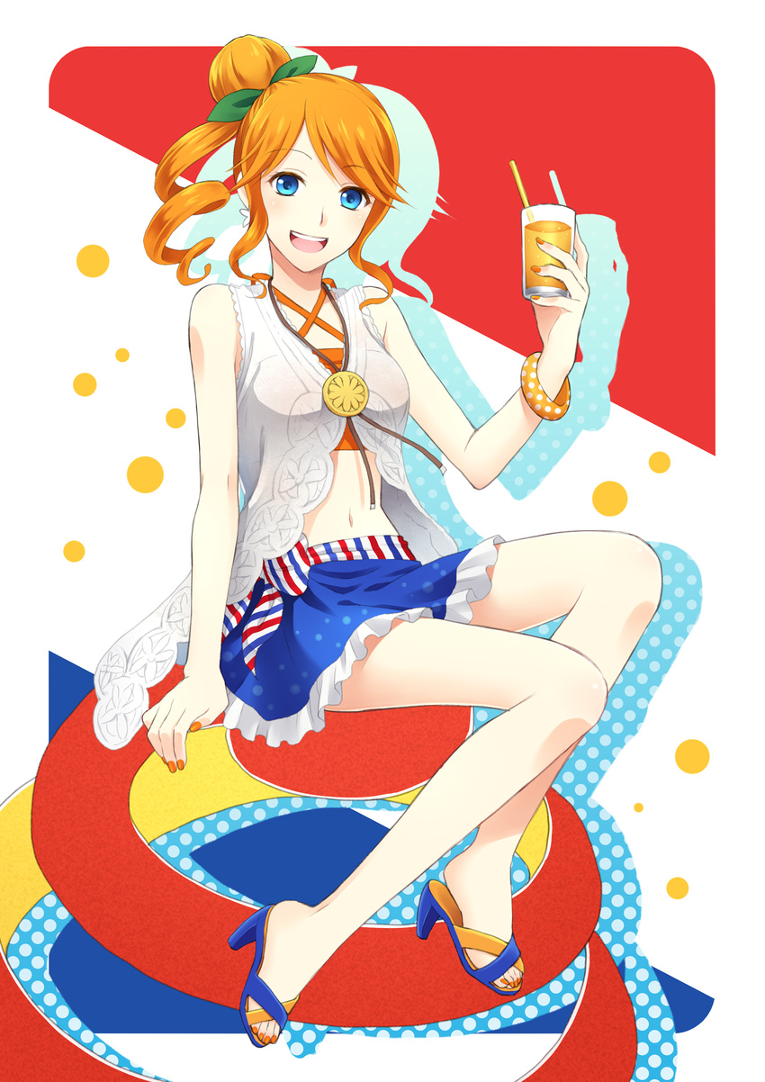 1girl anthropomorphization blue_eyes cup france high_heels open_mouth orangina personification sandals toes you_(you_c)