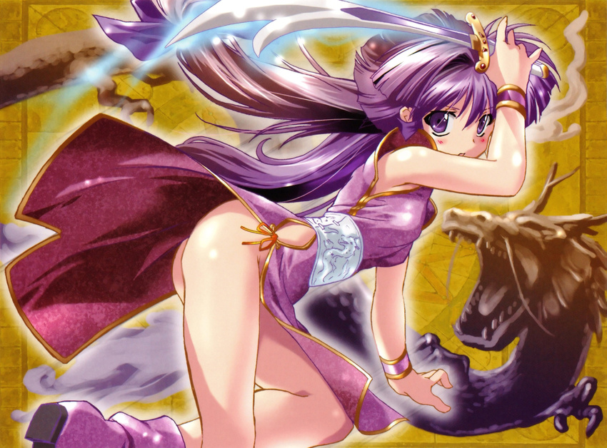 absurdres blush chinese_clothes dragon eastern_dragon from_side highres kamishiro_rin komatsu_eiji legs long_hair looking_at_viewer looking_to_the_side maburaho monster no_panties purple_eyes purple_hair scales scan sharp_teeth sword tareme teeth very_long_hair weapon wristband