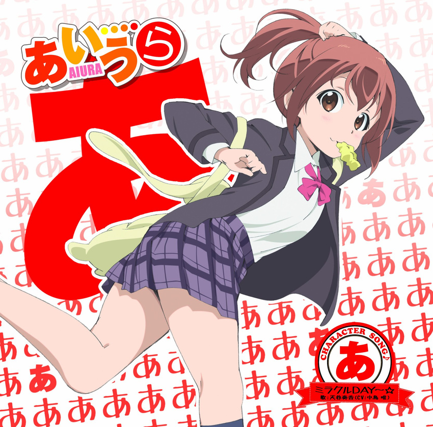 aiura amaya_kanaka blazer bow brown_eyes brown_hair cover hand_on_own_head highres hosoi_mieko jacket legs official_art plaid plaid_skirt school_uniform shoes short_hair side_ponytail skirt solo