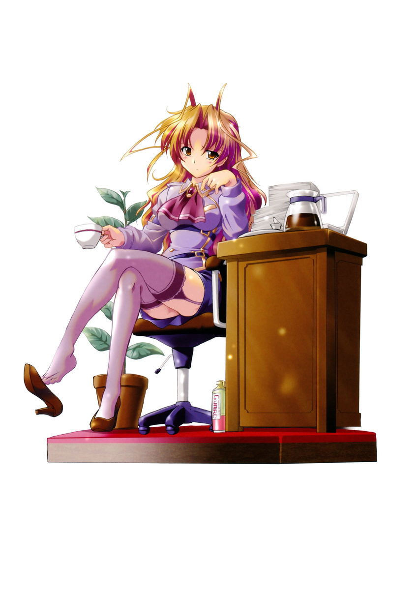 absurdres aoi_academy_uniform blonde_hair chair coffee_pot computer crossed_legs cup garter_straps hair_intakes high_heels highres kazetsubaki_kuriko komatsu_eiji laptop legs long_sleeves maburaho office_chair plant potted_plant purple_legwear scan school_uniform shoe_dangle shoes sitting spray_can table teacup thighhighs yellow_eyes