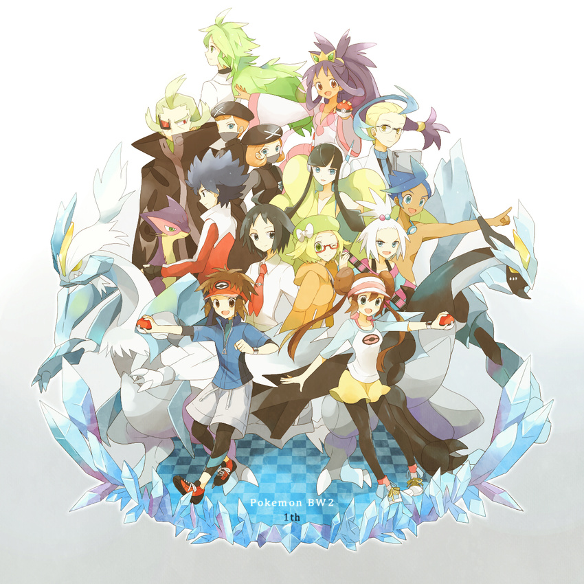 6+girls ahoge akuroma_(pokemon) anniversary bad_id bad_pixiv_id bel_(pokemon) black_hair blonde_hair bow brown_hair cheren_(pokemon) coat copyright_name crown double_bun geechisu_(pokemon) gen_5_pokemon glasses green_hair guitar gym_leader hat hat_bow headphones highres holding holding_poke_ball homika_(pokemon) hue_(pokemon) ice instrument iris_(pokemon) jacket kamitsure_(pokemon) kyouhei_(pokemon) kyurem leggings liepard long_hair mei_(maysroom) mei_(pokemon) multicolored_hair multiple_boys multiple_girls n_(pokemon) necktie official_style orange_hair pantyhose pointing poke_ball pokemon pokemon_(creature) pokemon_(game) pokemon_bw2 purple_hair shizui_(pokemon) short_hair shorts simple_background team_plasma team_plasma_grunt twintails visor_cap white_hair