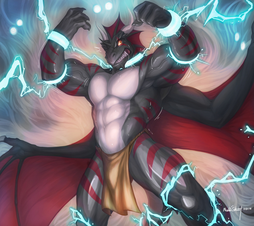 4_fingers abs abstract_background amber_eyes amras_lelliath anthro armpits biceps big_muscles black_skin body_markings bound bulge chained clenched_teeth clothing collar cuffs dragon dragon_wings electricity fangs fist flexing glowing glowing_eyes grey_skin horn loincloth looking_at_viewer magic male markings muscles navel nude null-ghost pecs pose raised_arm red_skin reptile scales scalie shackles sharp_teeth solo soulhunter_amras spread_wings standing stripes teeth toned topless two_tone_skin underwear vein wings