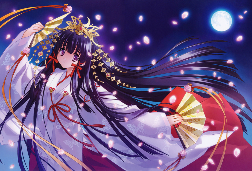 absurdres animal_print blush butterfly_print carnelian chihaya_(clothing) closed_mouth crease fan folding_fan full_moon highres huge_filesize japanese_clothes kao_no_nai_tsuki kuraki_suzuna long_hair long_sleeves looking_at_viewer miko moon night petals purple_eyes red_ribbon resized ribbon scan smile solo source_request sparkle tassel very_long_hair wide_sleeves