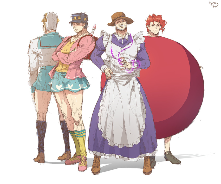 alternate_costume apron asahina_mikuru asahina_mikuru_(cosplay) beard black_hair bteele cosplay crossdressing enmaided facial_hair food fruit hat hermit_purple jean_pierre_polnareff jojo_no_kimyou_na_bouken joseph_joestar kakyouin_noriaki kita_high_school_uniform koizumi_itsuki koizumi_itsuki_(cosplay) kuujou_joutarou kyon_no_imouto kyon_no_imouto_(cosplay) maid male_focus multiple_boys parody red_hair school_uniform serafuku stand_(jojo) suzumiya_haruhi suzumiya_haruhi_(cosplay) suzumiya_haruhi_no_yuuutsu white_hair