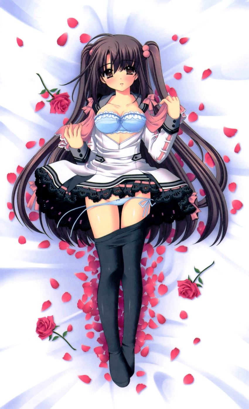 absurdres bed bed_sheet black_legwear blue_bra blue_panties blush bow bow_bra bow_panties bra breasts brown_eyes brown_hair cleavage dakimakura dress dress_lift flower from_above full_body hair_bobbles hair_ornament highres long_hair long_sleeves looking_at_viewer lying medium_breasts nishimata_aoi official_art on_back on_bed on_stomach oretachi_ni_tsubasa_wa_nai panties panty_pull pantyhose petals rose rose_petals scan school_uniform side-tie_panties solo twintails two_side_up underwear untied untied_panties watarai_asuka