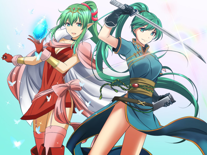 2girls :d aqua_background aqua_dress aqua_eyes aqua_hair arm_up bare_legs black_choker black_gloves boots bow bracer breasts bug butterfly cape chiki choker circlet cleavage closed_mouth dress eyebrows_visible_through_hair eyes_visible_through_hair feet_out_of_frame female fire_emblem fire_emblem:_kakusei fire_emblem:_monshou_no_nazo fire_emblem:_rekka_no_ken fire_emblem_heroes floating_hair garter_straps gem gloves gradient gradient_background green_hair hair_between_eyes hair_ornament hands_up happy headpiece high_ponytail highres holding holding_gem holding_sword holding_weapon insect jewelry kakiko210 kakiko228 katana large_breasts legs light_particles long_dress long_hair looking_at_viewer lyndis_(fire_emblem) mamkute medium_breasts multiple_girls neck nintendo older open_mouth pelvic_curtain pink_bow pink_cape pink_dress pink_legwear pointy_ears ponytail red_dress red_footwear red_gloves short_dress short_sleeves side-by-side side_slit sidelocks sleeveless sleeveless_dress smile standing stone super_smash_bros. super_smash_bros._ultimate sword thighhighs tiara very_long_hair weapon white_cape wind wind_lift