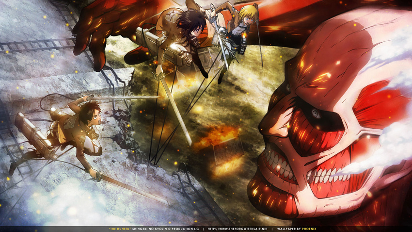 armin_arlert eren_jaeger fire mikasa_ackerman shingeki_no_kyojin sword swordman weapon