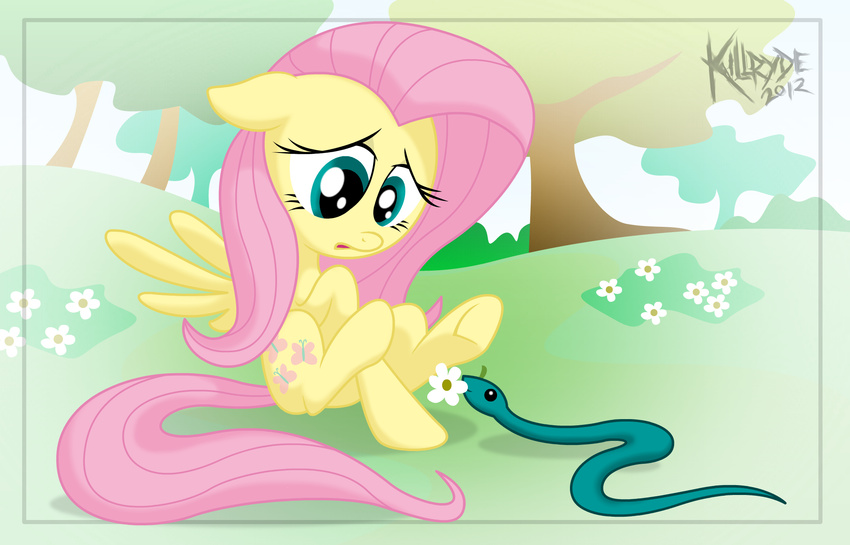 bush bushes cutie_mark duo equine female feral flower fluttershy_(mlp) friendship_is_magic fur green_eyes hair horse killryde mammal my_little_pony open_mouth outside pegasus pink_hair pony reptile scalie snake tree wings yellow_fur