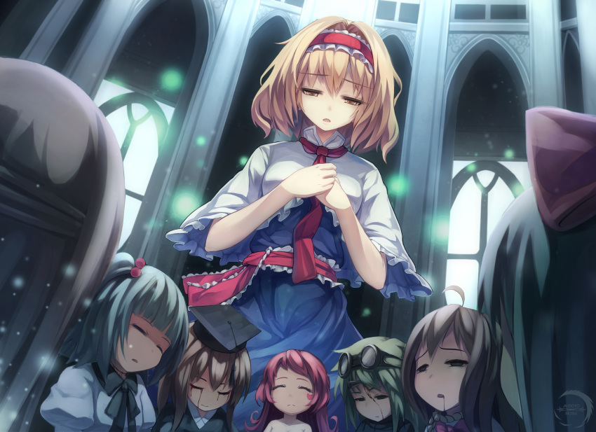 6+girls absurdres alice_margatroid arcade_(architecture) blonde_hair blood blood_on_face bloody_tears blue_dress bow brown_hair capelet dress eyes_closed goggles goggles_on_head green_hair grey_eyes hair_bobbles hair_bow hair_ornament hairband half-closed_eyes hands_on_own_chest hat highres juliet_sleeves lolita_hairband long_sleeves multiple_girls open_mouth pink_hair puffy_sleeves sash shaded_face shanghai_doll touhou xiaoyin_li yellow_eyes