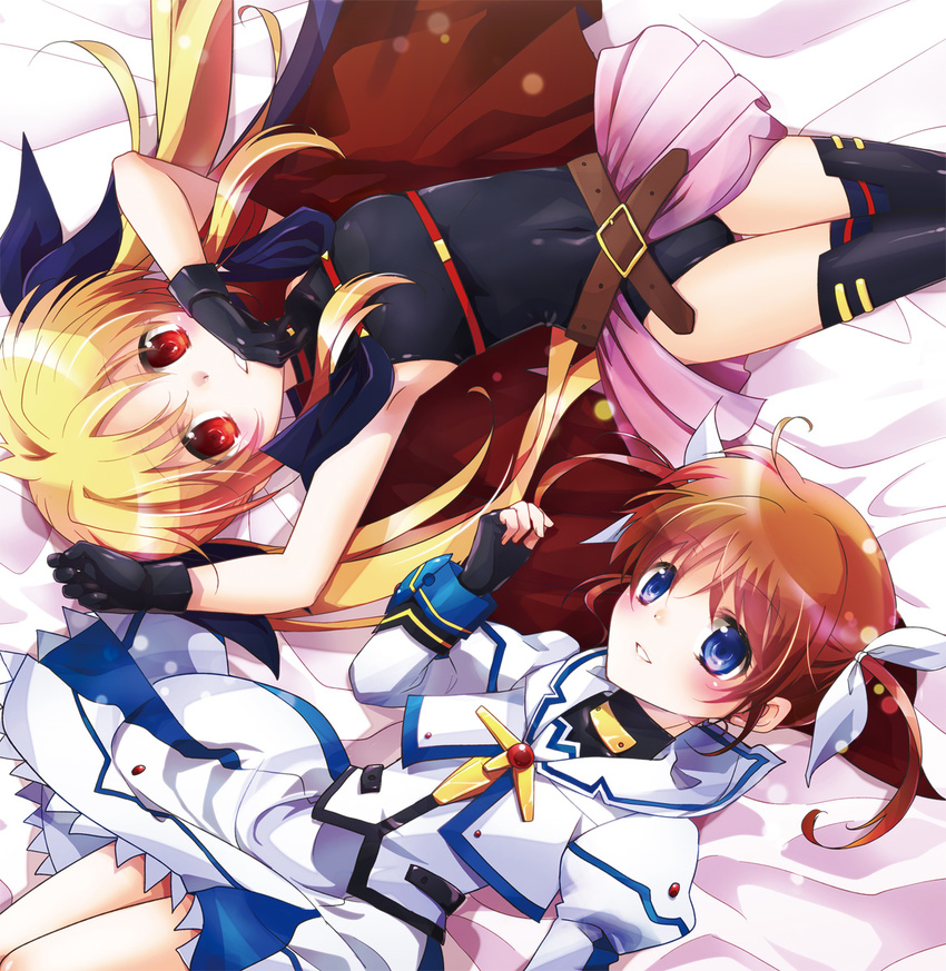 armpits bed belt blonde_hair blue_eyes brown_hair buckle cape covered_navel fate_testarossa fingerless_gloves gloves hair_ribbon highres kirihara_subako long_hair long_sleeves lying lyrical_nanoha magical_girl mahou_shoujo_lyrical_nanoha mahou_shoujo_lyrical_nanoha_the_movie_1st multiple_girls puffy_sleeves red_eyes ribbon short_twintails skirt takamachi_nanoha thighhighs twintails