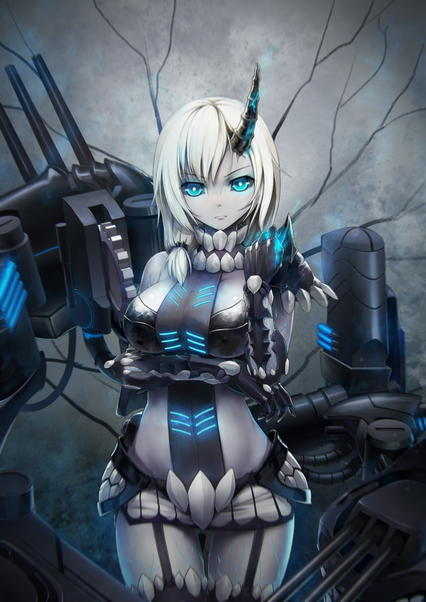 1girl absurdres against_wall asymmetrical_bangs asymmetrical_clothes bangs bare_shoulders belt black_gloves black_legwear black_sclera blue_eyes breastplate breasts cannon capsule clenched_hand closed_mouth collar cowboy_shot crevice dark_persona elbow_gloves enemy_vessel_(zhan_jian_shao_nyu) expressionless garter_straps gears gloves hair_over_shoulder highres horn large_breasts looking_at_viewer low_ponytail machinery midriff miniskirt revealing_clothes rodney_(zhan_jian_shao_nyu) short_hair shoulder_pads silver_hair skirt solo thighhighs turret white_skirt xiaoyin_li zhan_jian_shao_nyu