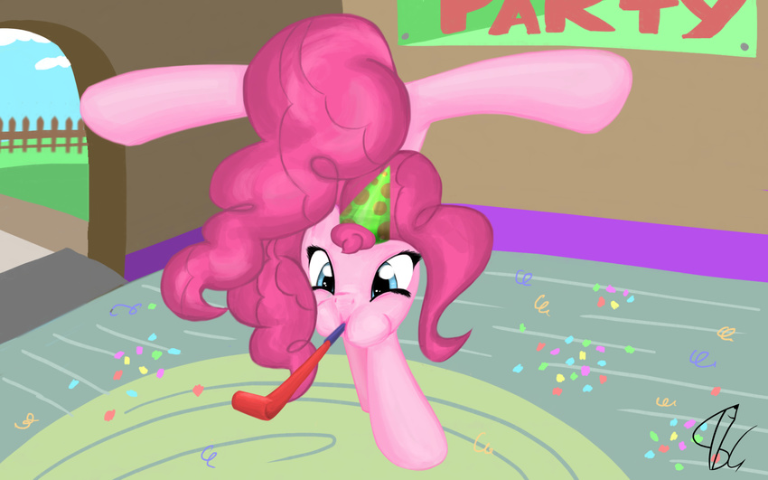 blue_eyes equine female fence friendship_is_magic fur hair handstand horse inside mammal mouth_hold my_little_pony party_hat party_horn pink_fur pink_hair pinkie_pie_(mlp) pony sammygeeart solo spread_legs spreading upside_down