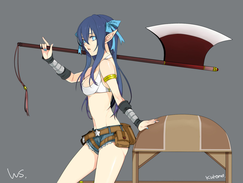 arm_guards arm_support armlet axe bad_id bad_pixiv_id bare_shoulders belt belt_pouch blue_eyes blue_hair blue_nails blue_ribbon blue_shorts breasts carrying_over_shoulder contrapposto cowboy_shot crop_top cutoffs denim denim_shorts from_side grey_background groin hair_ribbon halberd halterneck hand_up holding holding_weapon index_finger_raised kurono_yuu long_hair looking_at_viewer medium_breasts midriff nail_polish over_shoulder parted_lips pointy_ears polearm pouch ragnarok_online ribbon short_shorts shorts signature simple_background solo star tassel weapon weapon_over_shoulder whitesmith
