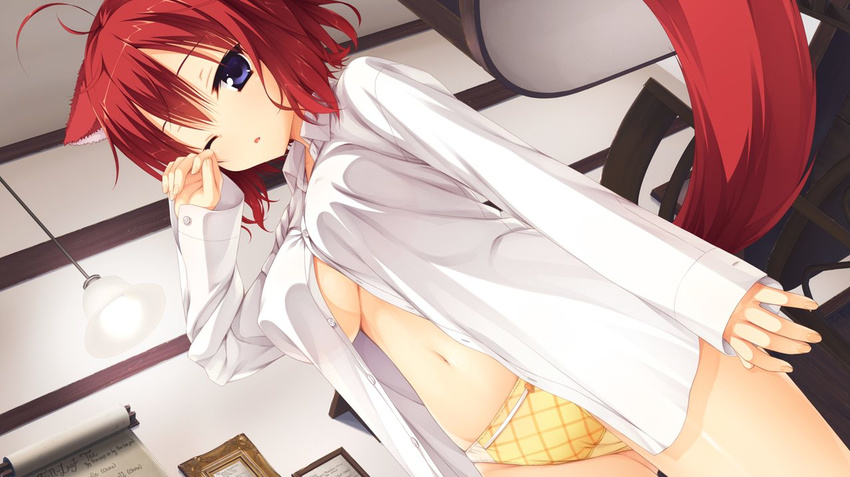 ;o ahoge amairo_islenauts animal_ears blue_eyes breasts cameltoe dress_shirt dutch_angle game_cg jpeg_artifacts large_breasts masaki_gaillard muririn navel no_bra one_eye_closed open_clothes open_shirt panties red_hair rubbing_eyes shirt short_hair sleeves_past_wrists solo tail underboob underwear yellow_panties