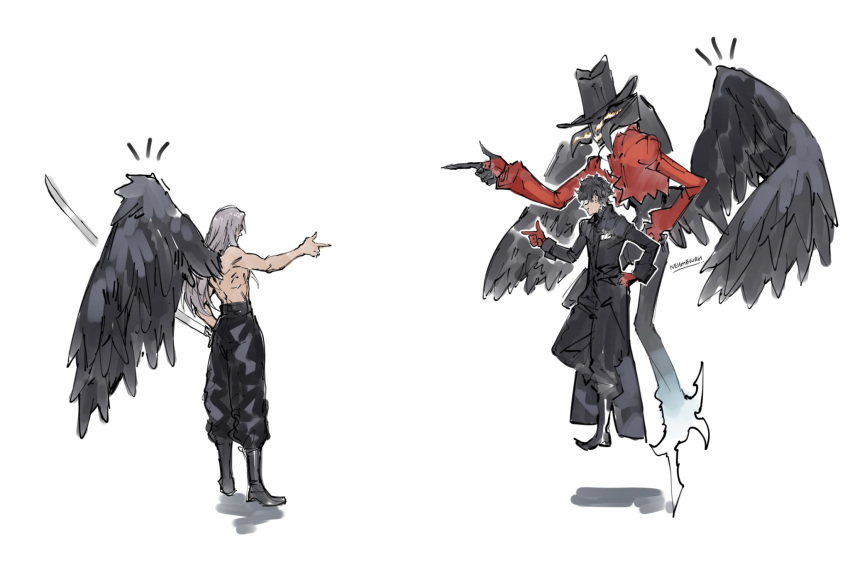 2boys amamiya_ren arsene_(persona_5) black_hair coat feathered_wings final_fantasy final_fantasy_vii fire full_body gloves hat highres long_hair male_focus multiple_boys persona persona_5 sephiroth shirtless short_hair snapping_fingers super_smash_bros. top_hat waistcoat weapon white_background white_hair wings yourfreakyneighbourh