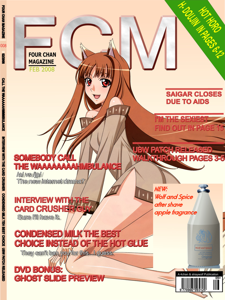 4chan animal_ears ass bangs barcode bare_legs bare_shoulders barefoot blush bottle breasts brown_hair character_name copyright_name cover dated dress english fake_cover fcm floating_hair from_side full_body gradient gradient_background happy highres holo imageboard_colors kneeling kneepits kuroda_kazuya leaning_forward legs long_hair long_sleeves looking_at_viewer looking_back magazine_cover off_shoulder official_art open_mouth parted_bangs red_eyes short_dress side_slit sidelocks small_breasts smile solo spice_and_wolf tail third-party_edit v_arms very_long_hair wolf_ears wolf_tail