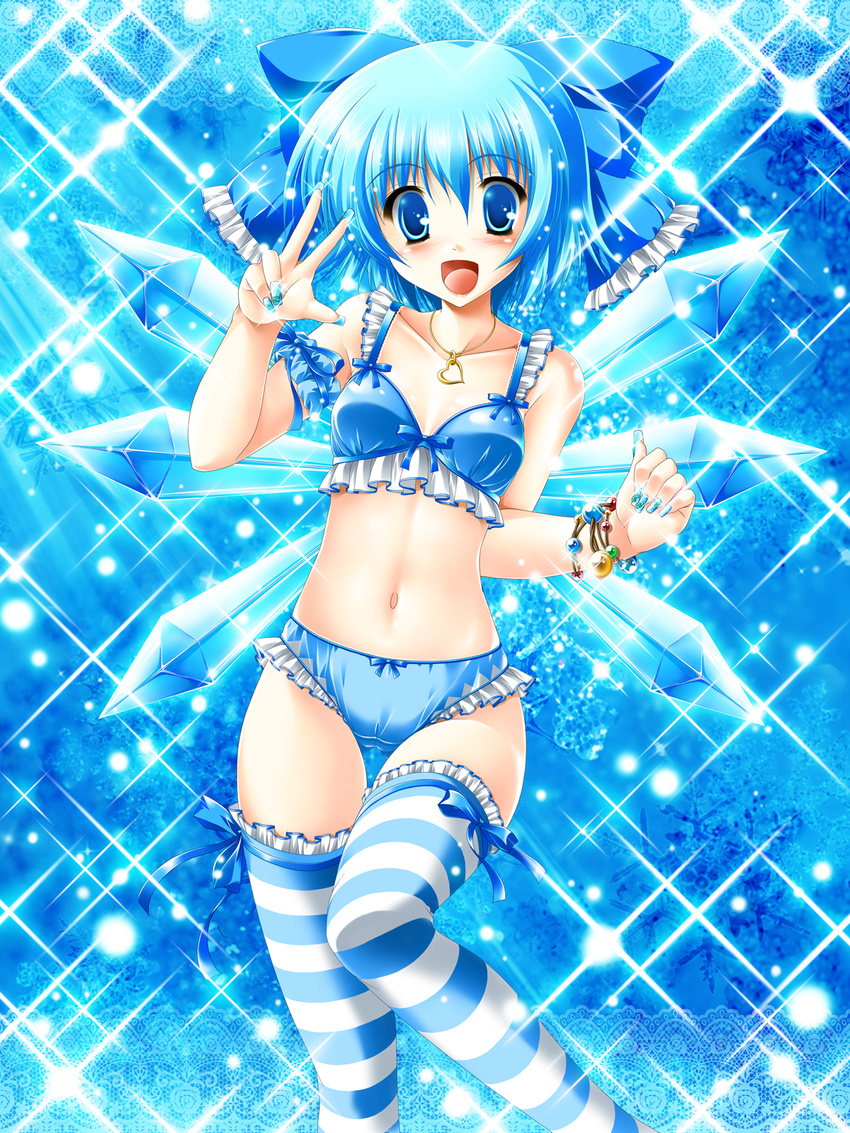 arm_garter beads blue blue_bra blue_eyes blue_hair blue_legwear blue_nails blue_panties blush bow bow_bra bow_panties bra breasts cameltoe cirno fingernails frilled_bra frilled_legwear frilled_panties frills hair_bow hair_ribbon happy highres jewelry kamiya_tomoe lace lace-trimmed_bra lace-trimmed_panties large_bow lingerie lying midriff nail_art nail_polish navel necklace on_back open_mouth panties ribbon short_hair small_breasts smile snowflakes solo sparkle striped striped_legwear thigh_gap thighhighs touhou underwear underwear_only v wings