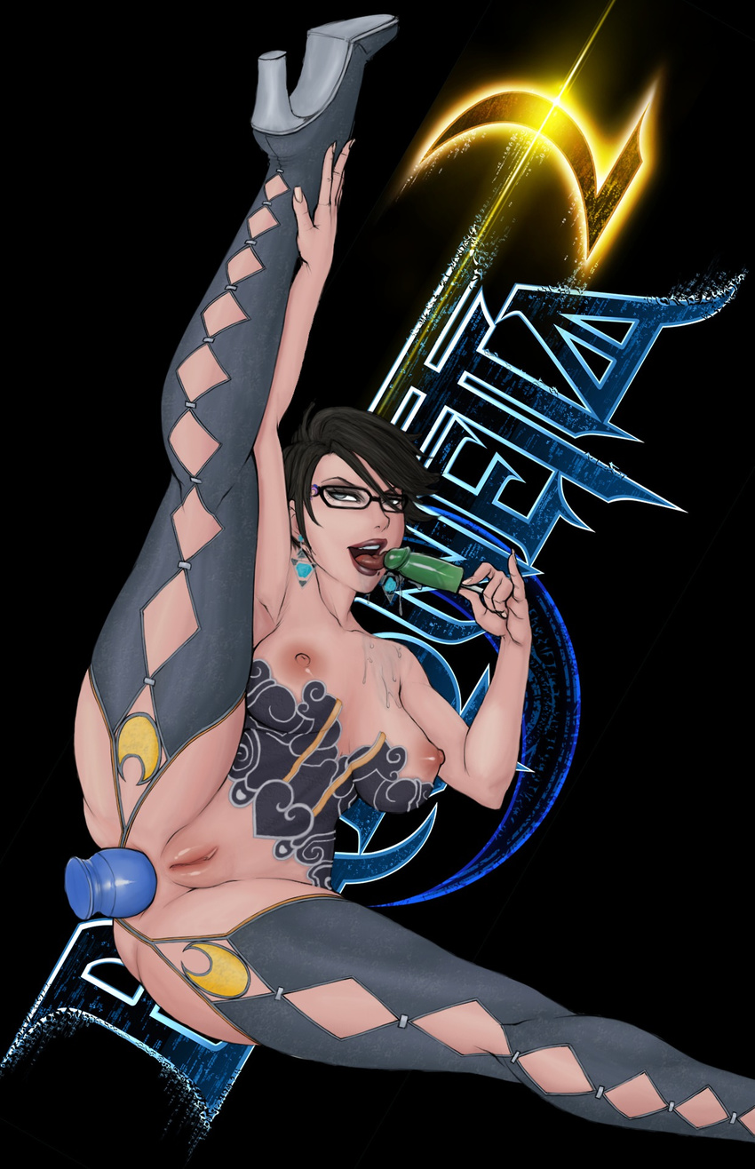 alternate_hair_length alternate_hairstyle anal anal_insertion areolae argyle argyle_legwear bare_shoulders bayonetta bayonetta_(character) bayonetta_2 black_hair blue_eyes boots breasts bustier butt_plug collaboration colored crescent dildo earrings eyeshadow fingernails flexible glasses high_heels highres jewelry labia large_breasts leg_lift licking lips lipstick lm_(legoman) looking_at_viewer makeup mole naughty_face nipples object_insertion pinky_out popsicle pussy saliva shoes short_hair slender_waist smile solo soubriquetrouge spread_legs teeth thigh_boots thighhighs tongue tongue_out uncensored