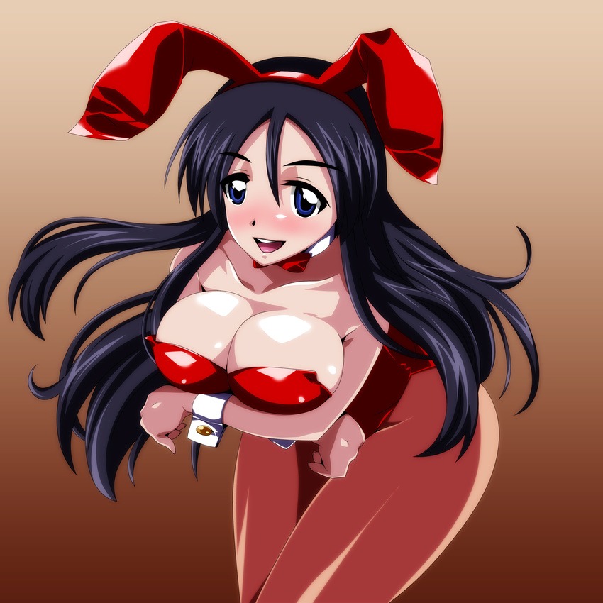 1girl absurdres animal_ears ariyon bare_shoulders black_hair blue_eyes blush bow bowtie breast_hold breasts bunny_ears bunny_girl bunnysuit cleavage highres jessica large_breasts long_hair looking_at_viewer open_mouth pantyhose simple_background smile standing wrist_cuffs zero_no_tsukaima